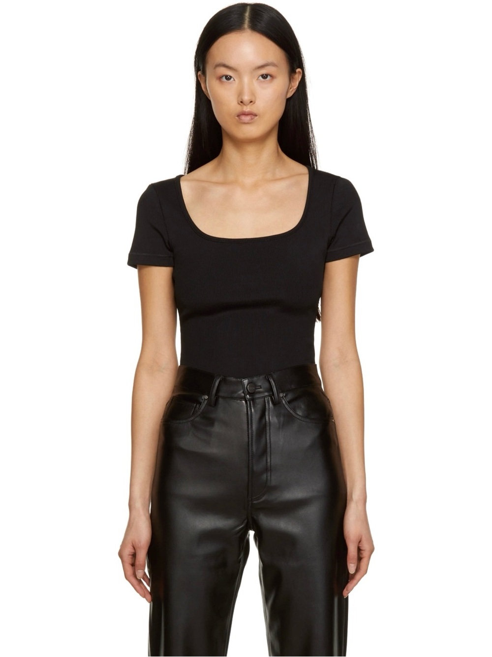 Anine Bing Janelle Bodysuit Short Sleeve Ribbed Knit Scoopneck Black Sz S